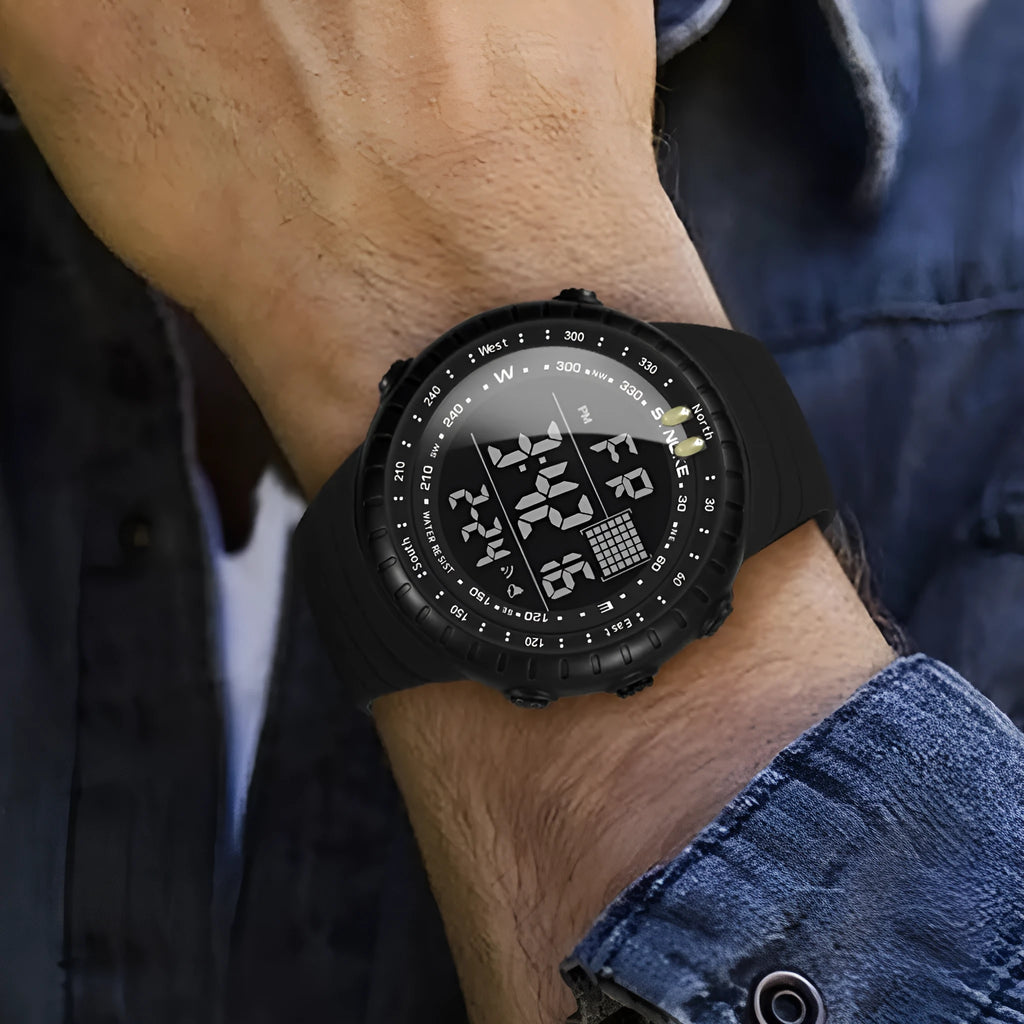 Black men's waterproof outdoor electronic watch with large digital dial on a PU strap.