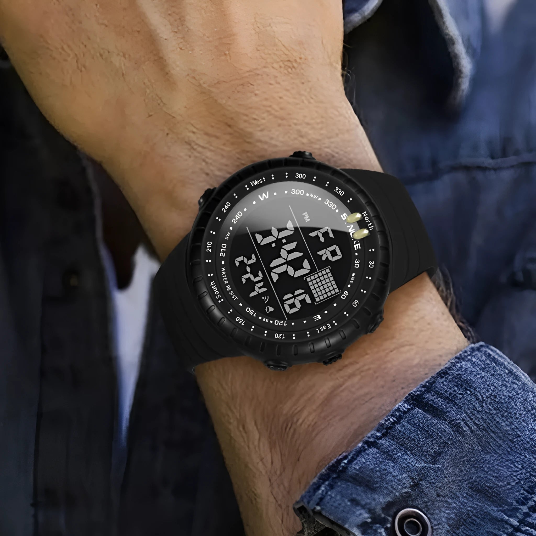 Black men's waterproof outdoor electronic watch with large digital dial on a PU strap.