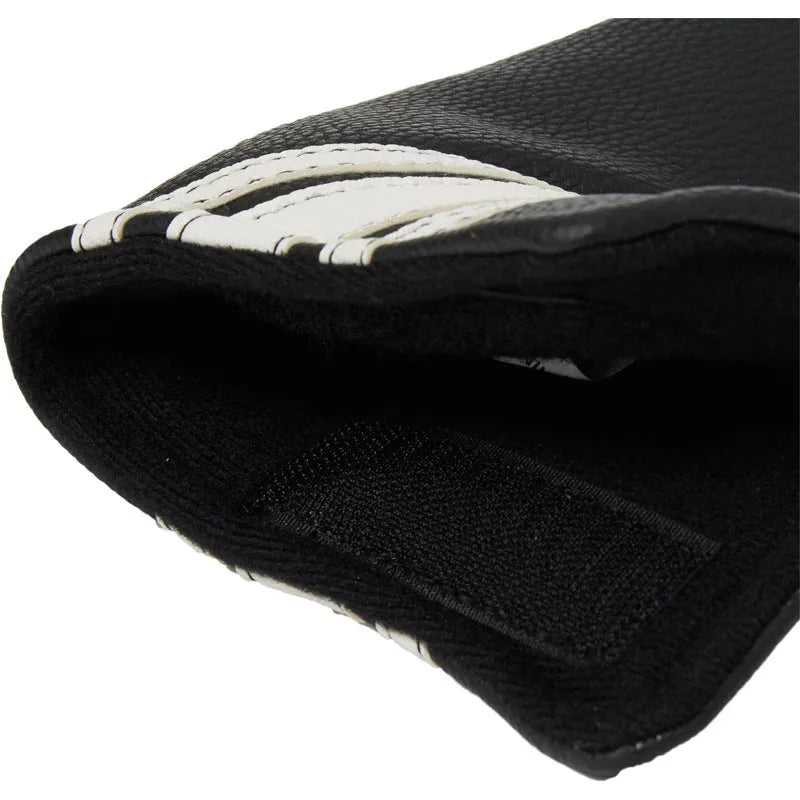 Black PU leather golf push rod case with a zipper, shown holding a club head cover.