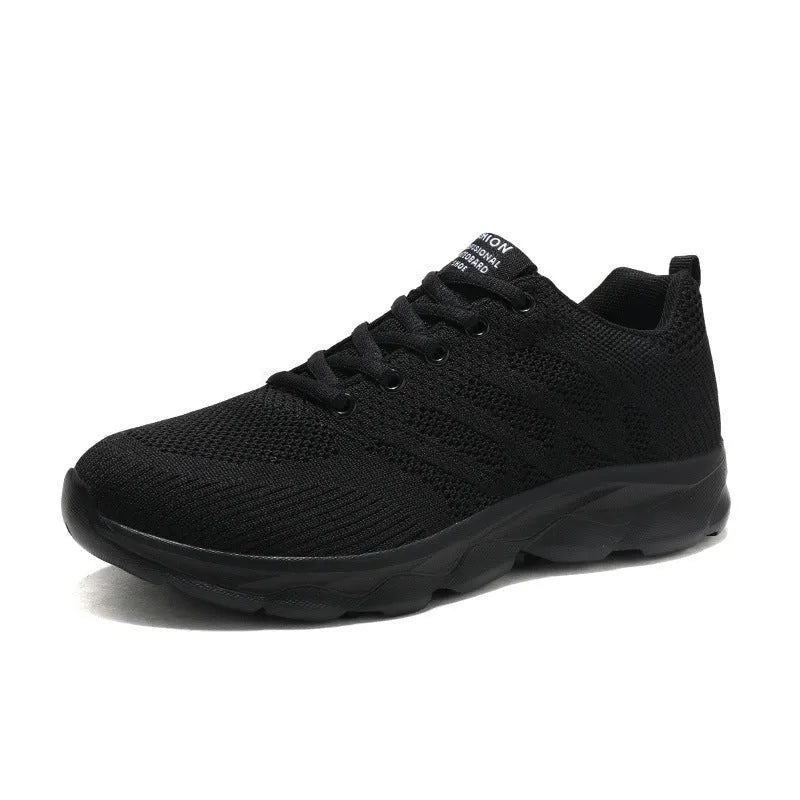 Women's breathable mesh running shoes with Flyknit upper, round toe, flat heel, in black pink colour