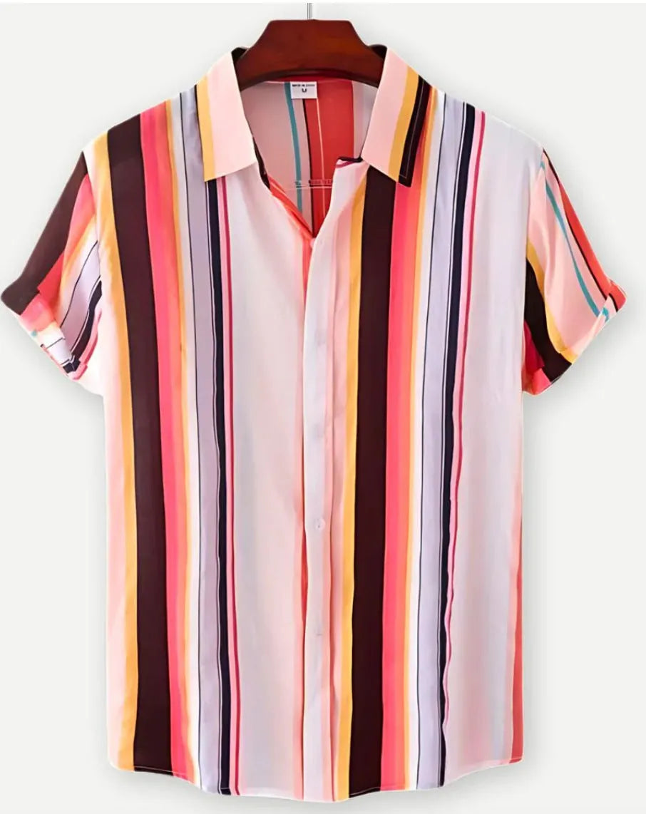 Man's short sleeve Hawaiian floral print shirt with a cardigan lapel, shown in one of 17 available colours.
