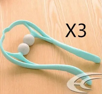 Blue plastic handheld neck and shoulder massager with adjustable stand and removable soft head on a white background.