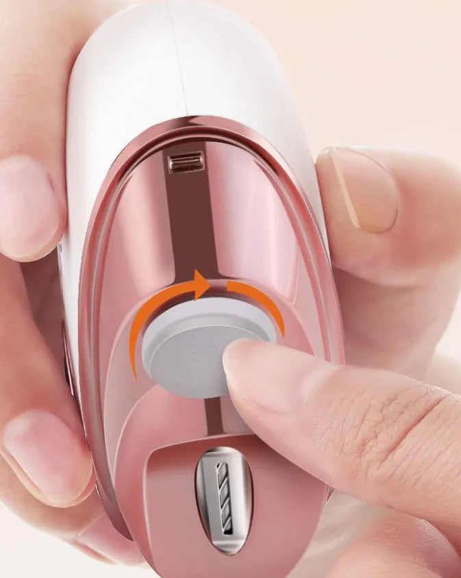 Blue electric nail clipper and polisher with USB-C charging port and cleaning brush.