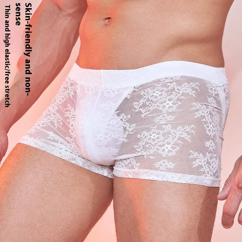 Nylon lace men's boxers in black, shown laid flat to display design and free size fit.