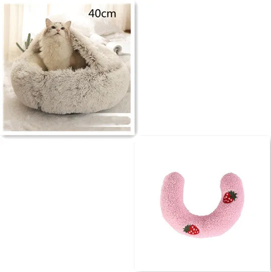 Round plush pet bed in brown for cats and small dogs, size 40cm