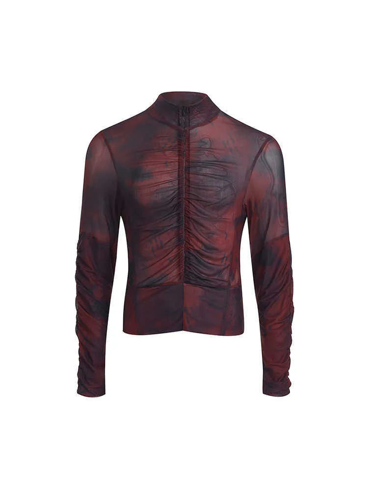 Men's half turtleneck mesh long-sleeved bottoming T-shirt with zipper, available in black red and black gray, sizes M to XXL.