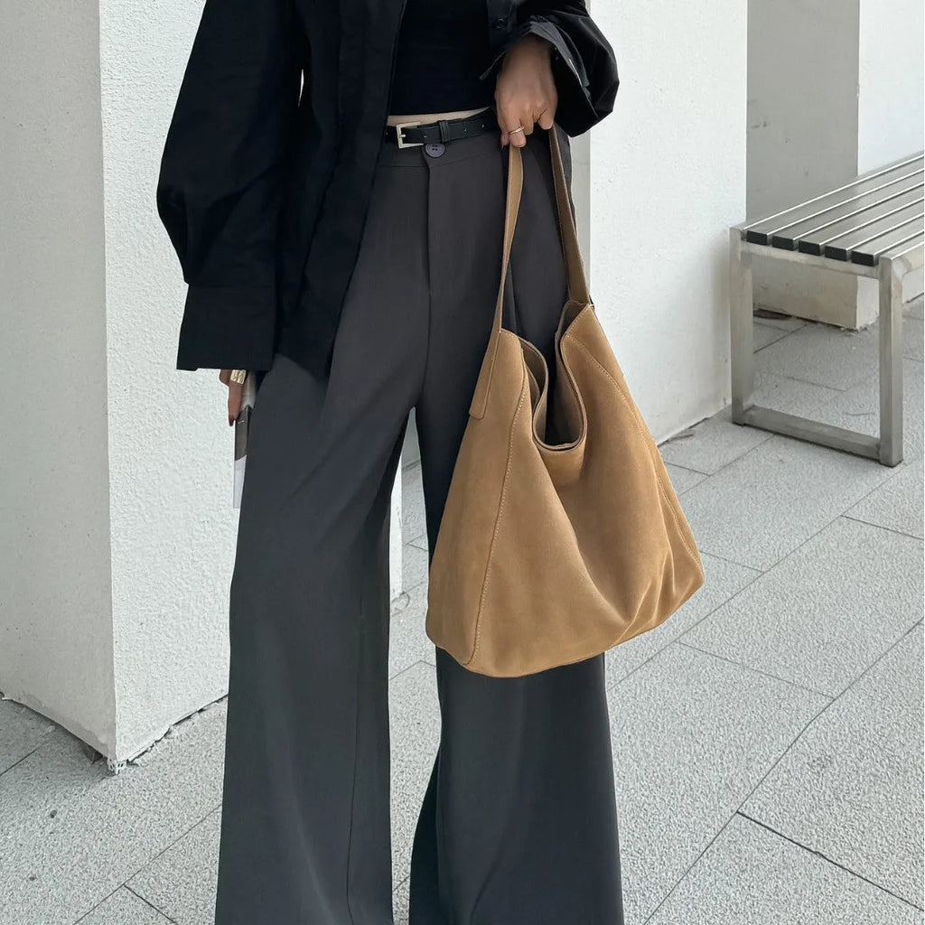 Women's minimalist loose suede shoulder bag in bucket shape, genuine leather, retro European style, 33x10x37cm