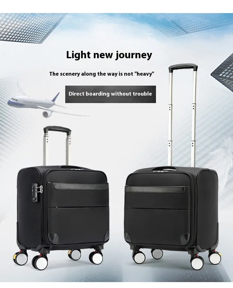 Black 18-inch Oxford cloth carry-on suitcase with retractable handle and four spinner wheels on airport floor.