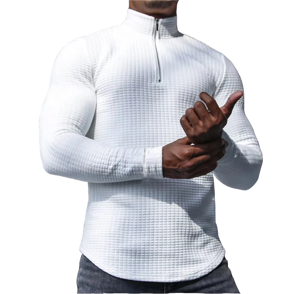 Men's stand collar half zip plaid sweater in polyester fibre, long sleeves, available in multiple colours