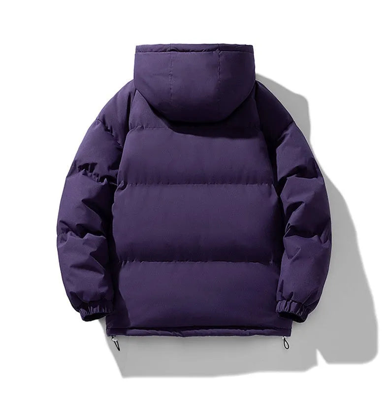 Men's hooded zip-up winter jacket in black with thickened polyester padding and side seam pockets