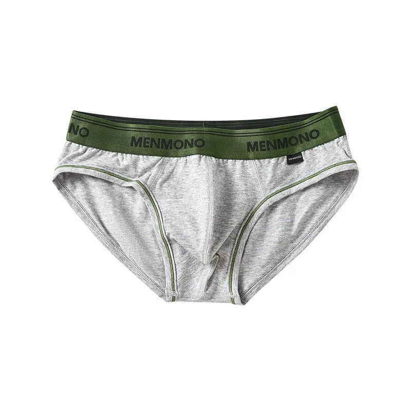 Men's low waist cotton briefs showing two-tone colour combinations including black/blue and white/red options