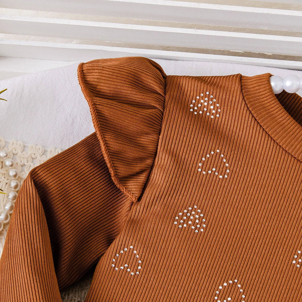 Cute printed striped long-sleeve dress set in brown for girls cotton pullover top and skirt 90-130cm