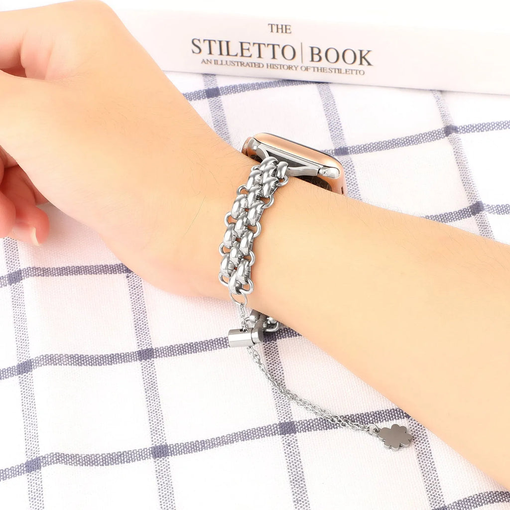 Stainless steel double row chain watch band for Apple Watch in silver colour