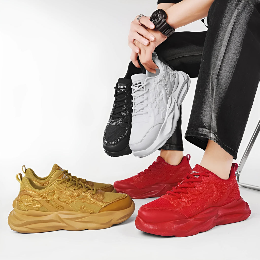 Fly knit casual sneakers with a dragon print on the side, showing the microfibre upper and rubber sole.