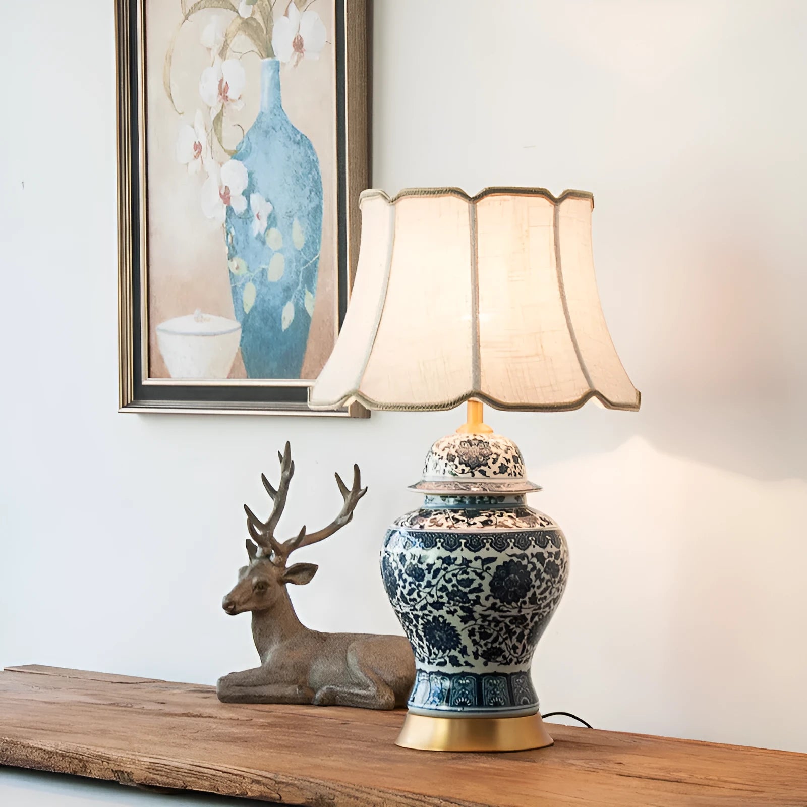 Blue and white Chinese porcelain table lamp with handmade ceramic base and fabric shade