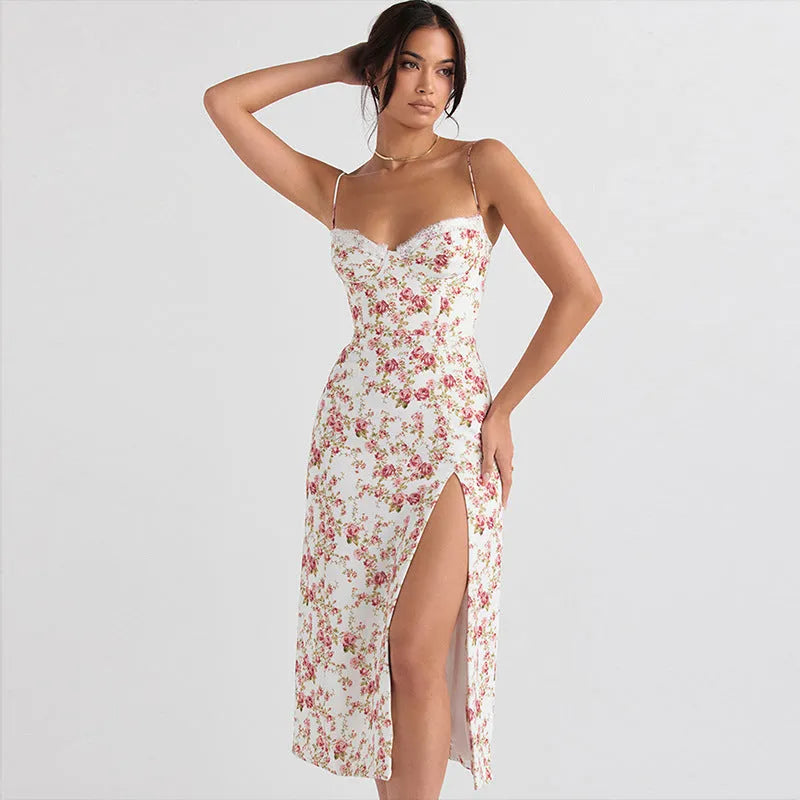 Women's lace flowers print long dress with suspender straps and side slit design