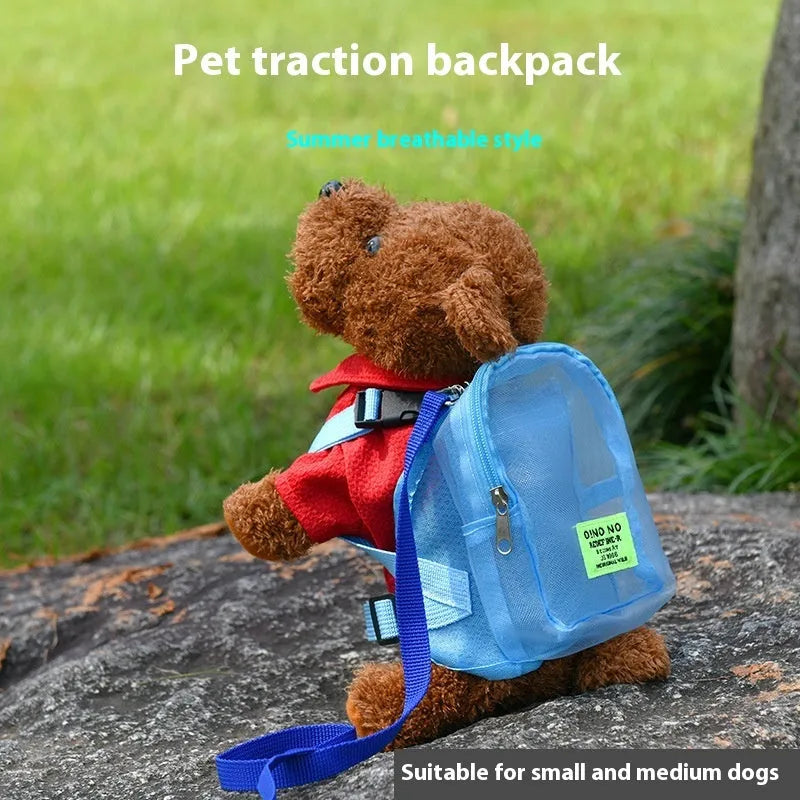 Solid colour polyester dog backpack for portable storage of pet essentials.