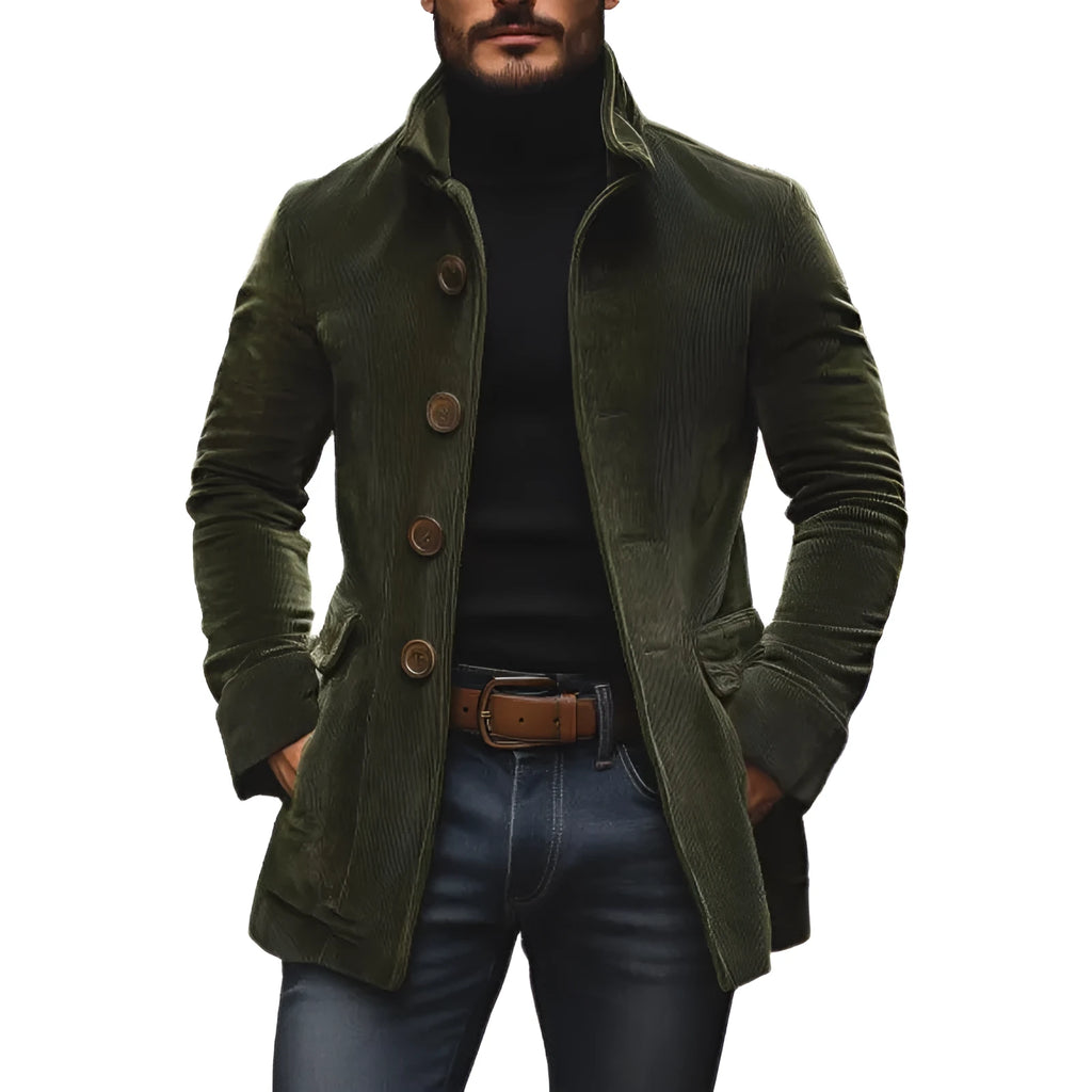 Men's corduroy blazer, slim fit stand collar, button front, solid colour, long sleeve, 50cm length