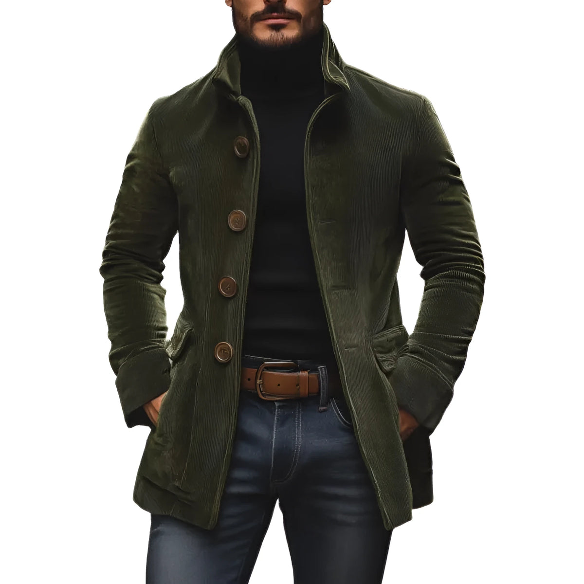 Men's corduroy blazer, slim fit stand collar, button front, solid colour, long sleeve, 50cm length