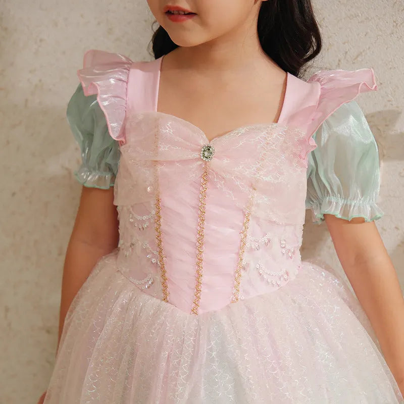 Little girl cotton princess dress with short sleeves and gauze skirt in solid colour with cartoon and flower pattern