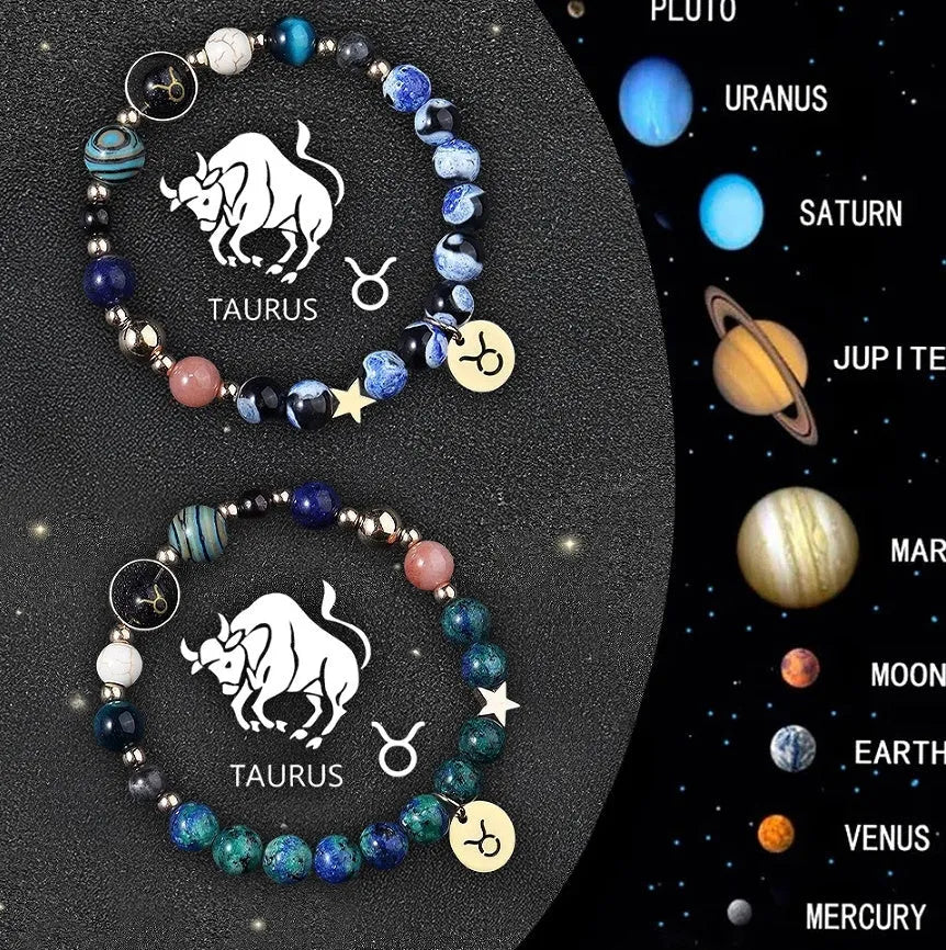 Pair of natural stone beaded bracelets with gold zodiac charms on a textile background.