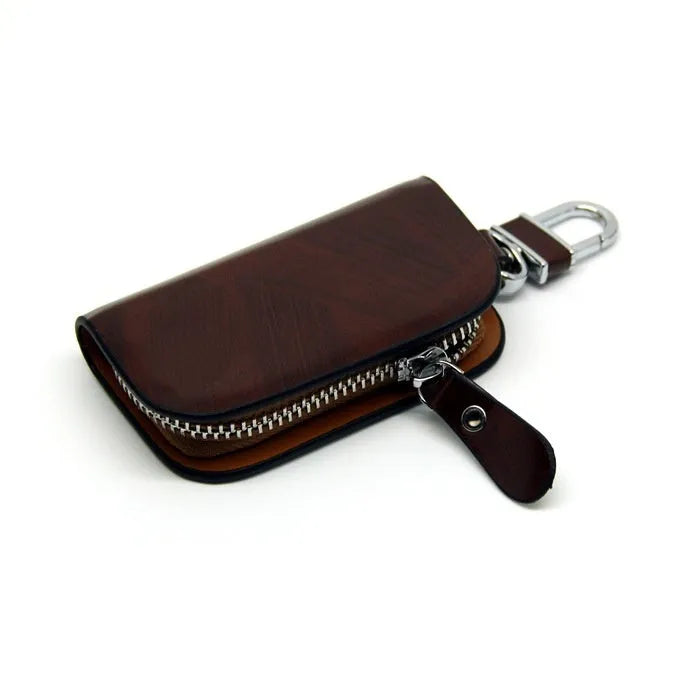 Black frosted genuine leather car key case showing inner compartment dimensions