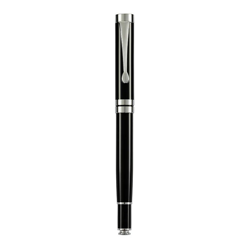 Metal fountain pen with fine F-0.5mm nib, black gold clip finish, 140mm length