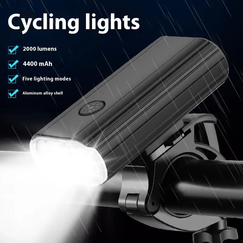 Aluminium alloy bicycle headlight with six XPT beads, USB Type-C port, and quick-release mount.
