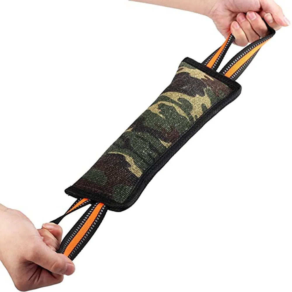 Yellow-edged jute rope dog training bite stick showing reflective material and approximately 55cm length