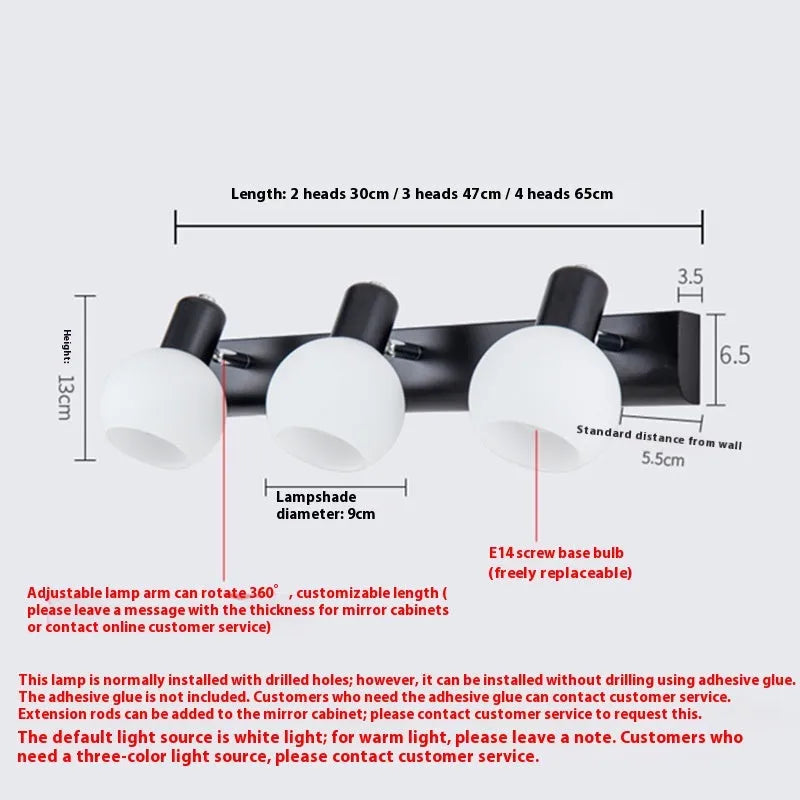 LED wall-mounted washstand mirror front lamp in American simple style, black finish, installed above a bathroom mirror