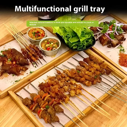 Square bamboo serving tray with brown handle on solid colour surface