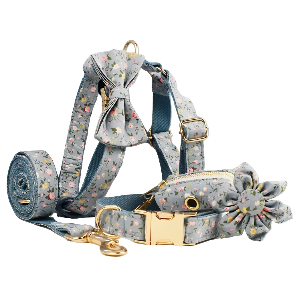 Blue floral pattern dog collar with matching leash and vest set for small to medium dogs