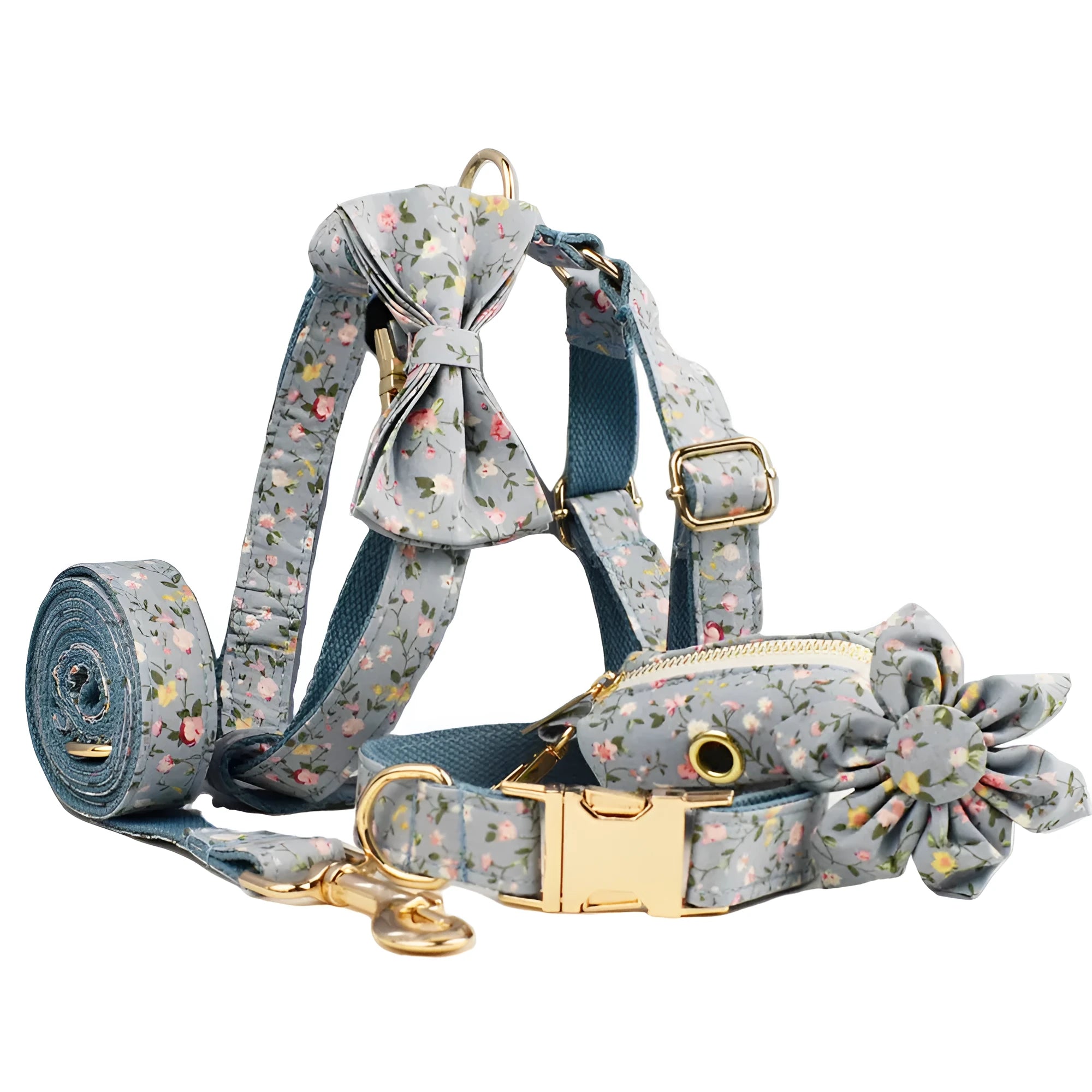 Blue floral pattern dog collar with matching leash and vest set for small to medium dogs