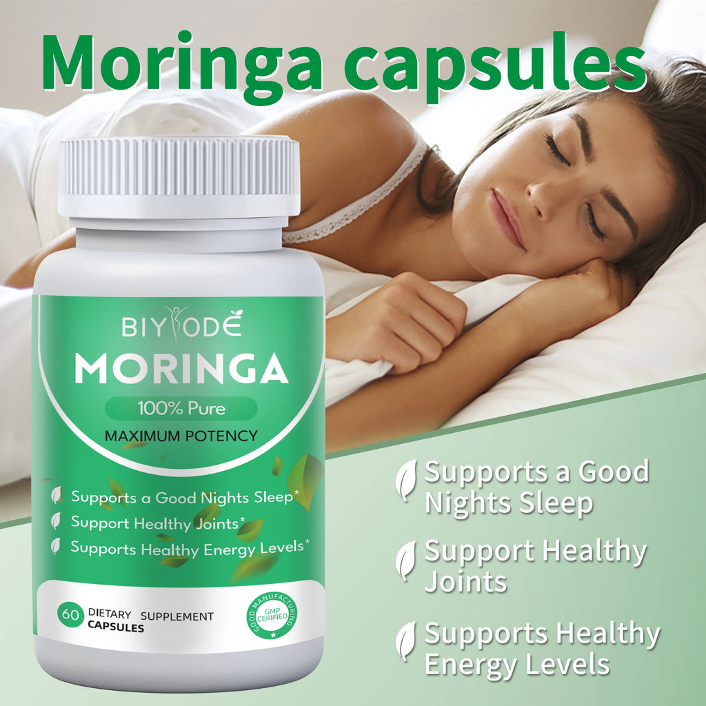 Bottle of 60 moringa extract capsules herbal supplement for immune and detox support
