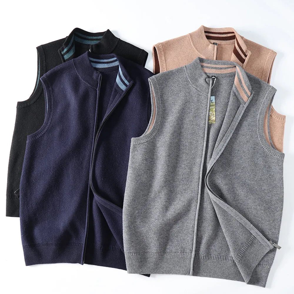 Women's loose fit thickened sleeveless knitted cardigan vest in black, front view, for autumn winter layering