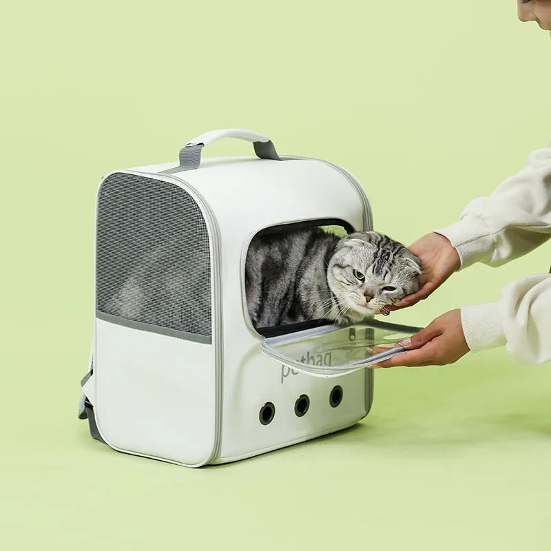 Large capacity cat backpack with transparent window, hard PVC Oxford bag, Brown or White, 6.50kg cat capacity
