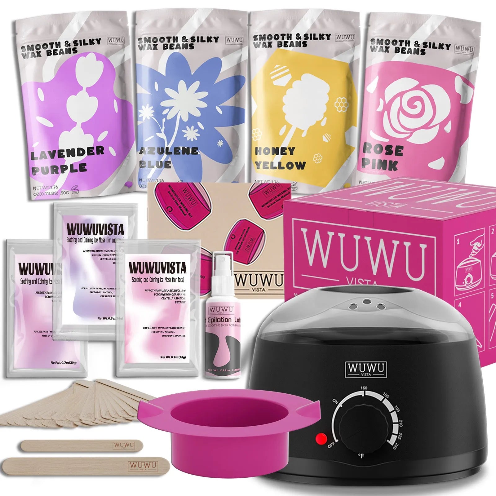 Hard wax kit with pink warmer, wax beans, applicators, aftercare lotion and cooling masks