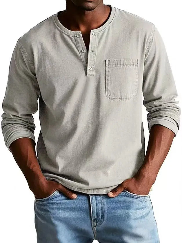 Men's V-neck long-sleeved t-shirt with button design in solid colour, front view showing polyester fibre fabric