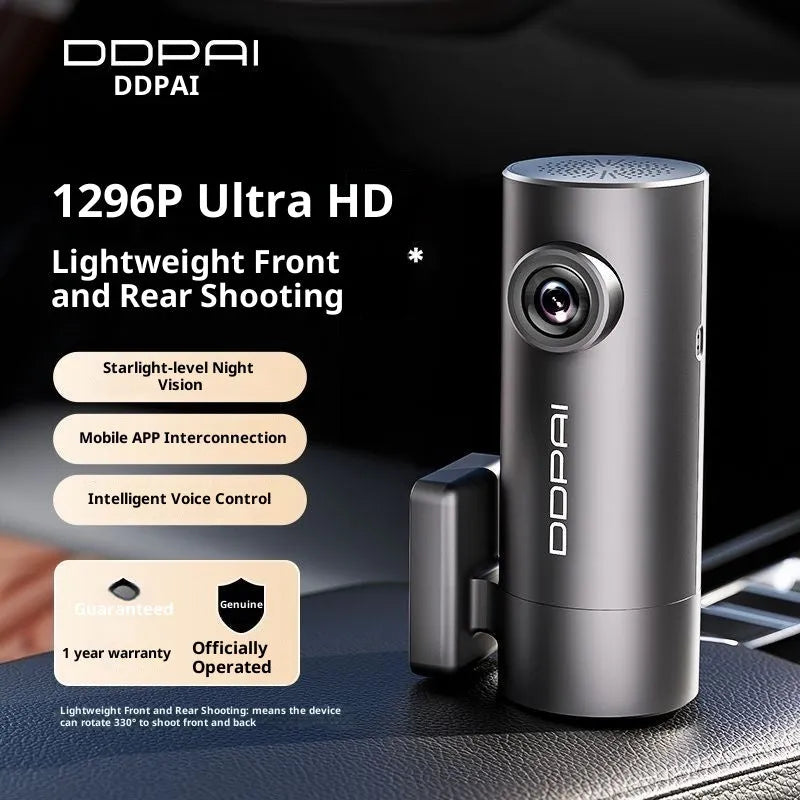 Mini Lite 1296p driving recorder with starlight night vision, 140-degree lens, and microUSB port on a car windscreen