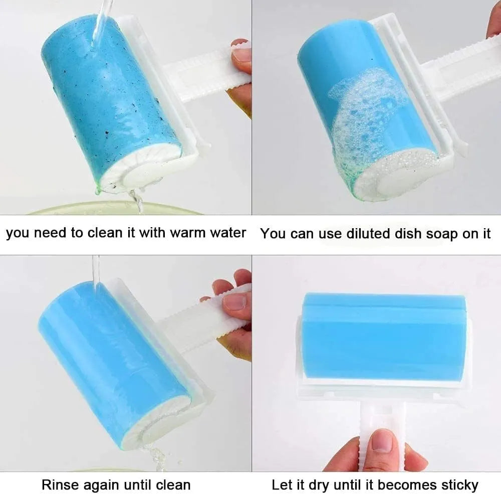 Washable reusable lint roller for removing pet hair from fabrics, shown with protective cover in blue, green, pink or yellow.