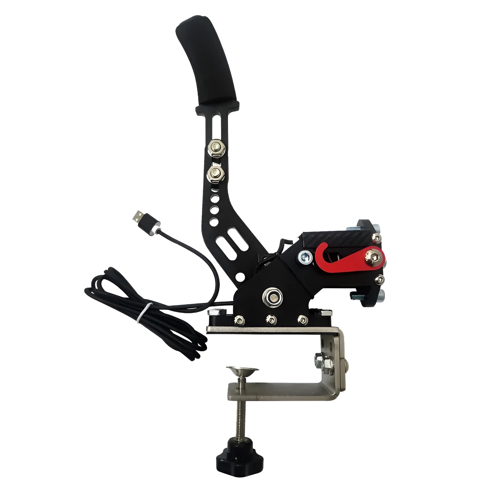 USB racing simulator handbrake with mounting clamp in choice of five colours on a grey background.