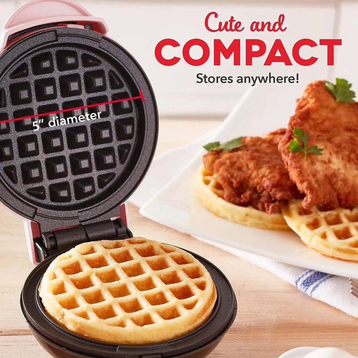 Mini waffle machine electric breakfast maker 16.5x8.5x12.5cm in white pink black red or green