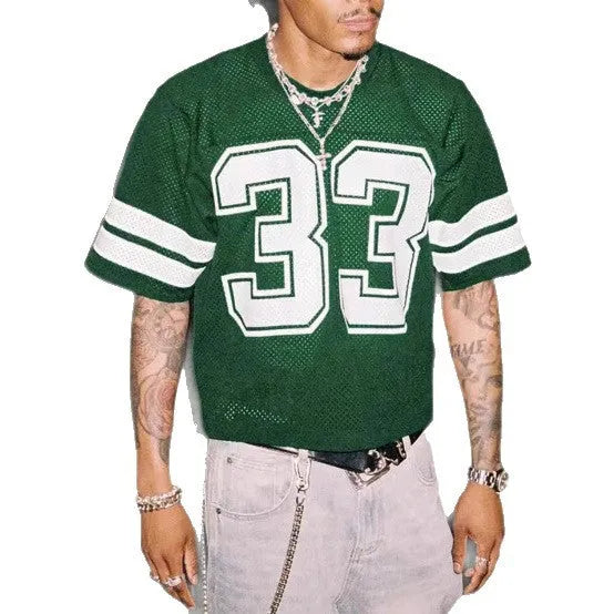 Men's short sleeve mesh sports jersey T-shirt, round neck, loose straight fit, thin polyester bird eye cloth, cartoon pattern