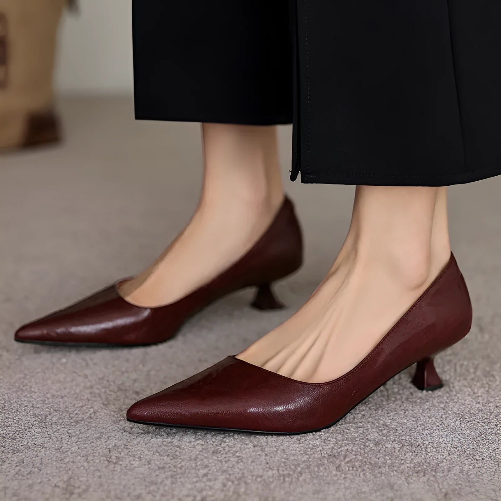 Women's solid colour pointed-toe mid heel pumps with cowhide upper, sheepskin lining, 3CM stiletto heel, rubber sole