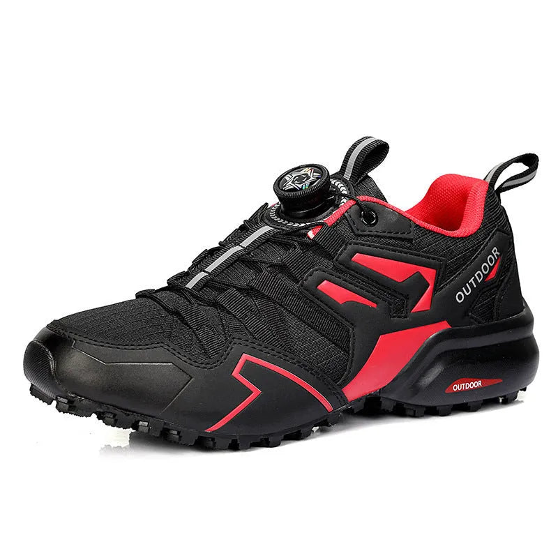 Men's lightweight hiking shoes with elastic band closure in beige, black, and black red colour options
