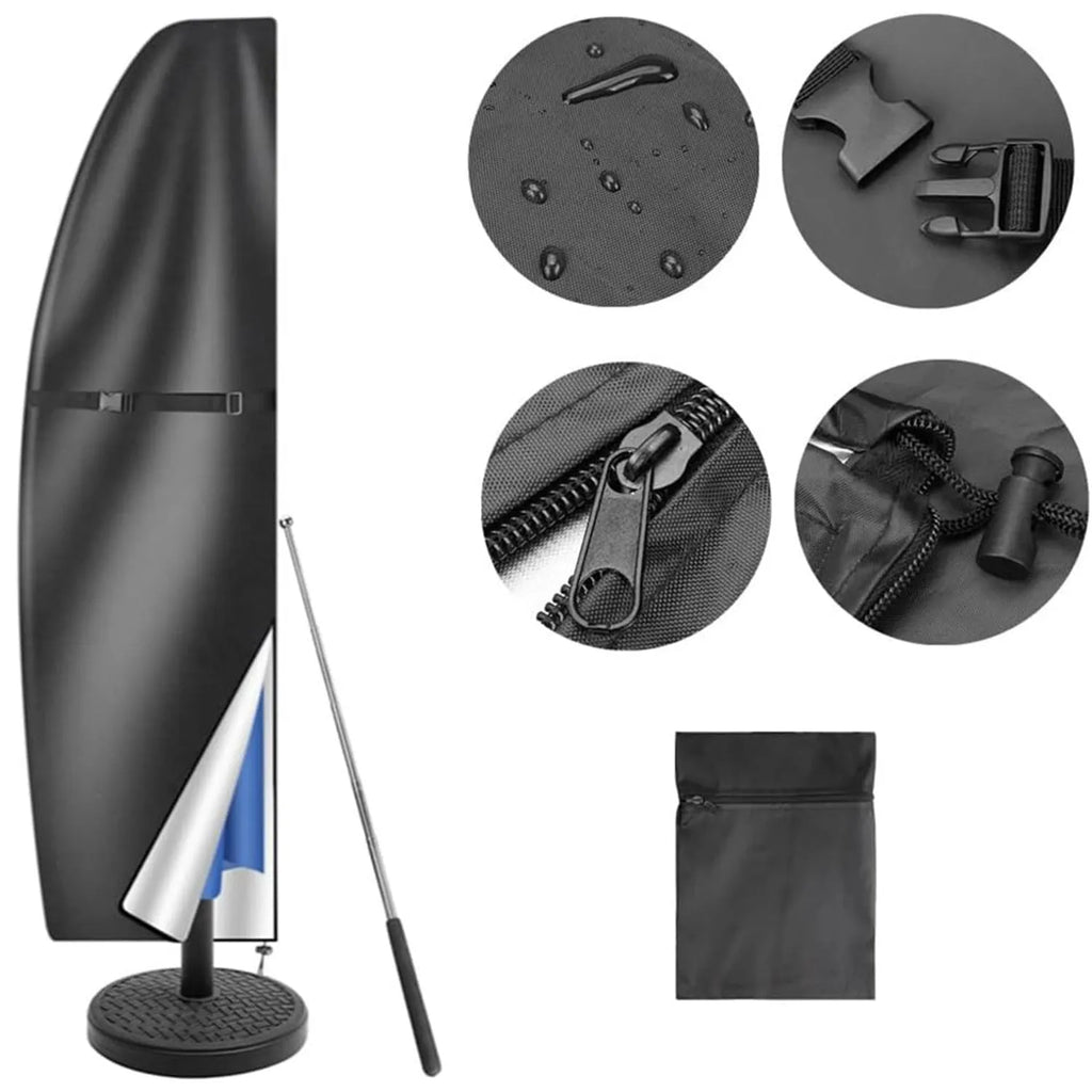 Grey Oxford cloth offset banana-shaped patio umbrella cover shown on a garden umbrella.