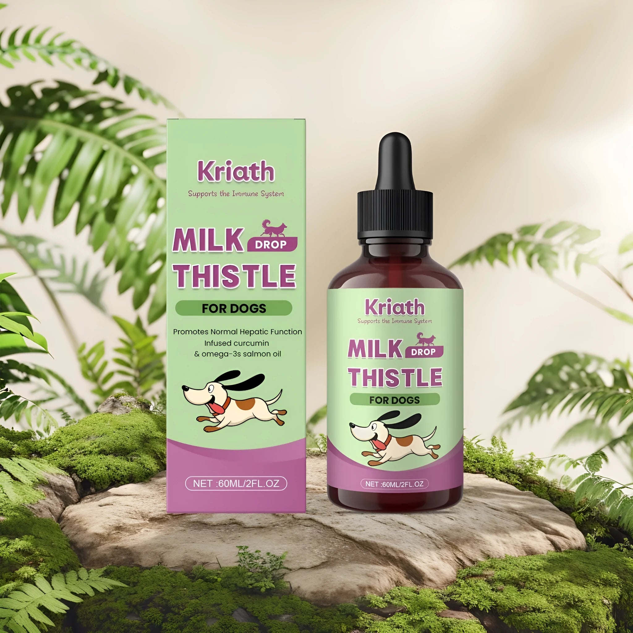 60ml bottle of dog nutrient solution with milk thistle and turmeric extract.