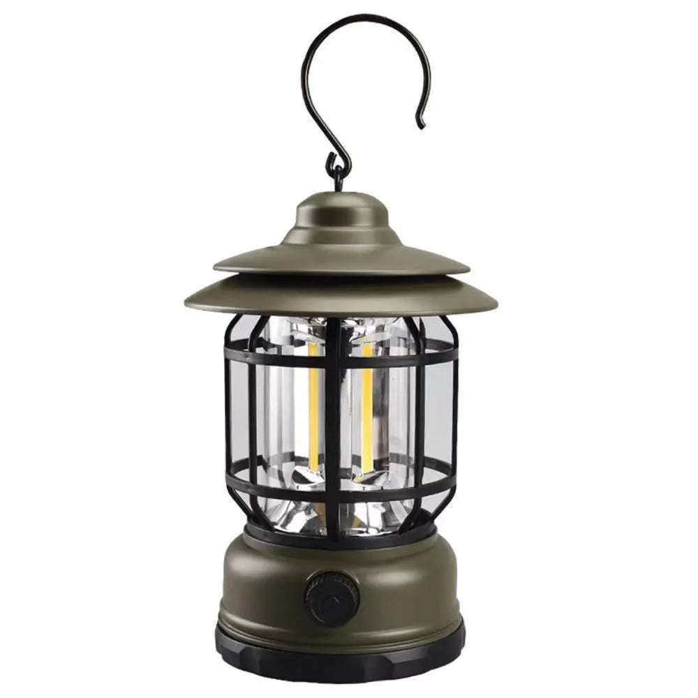 Portable camping lantern in black, red or dark green with dimensions 16.6cm x 6.7cm x 9.6cm