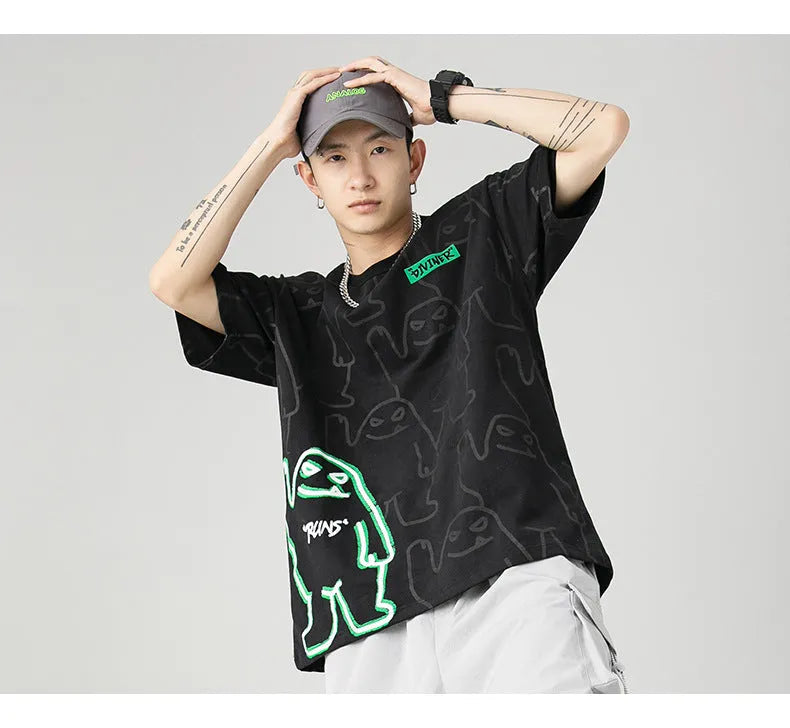 Bear print glow-in-the-dark short-sleeved cotton t-shirt for men and women, black colour, loose fit, round neck