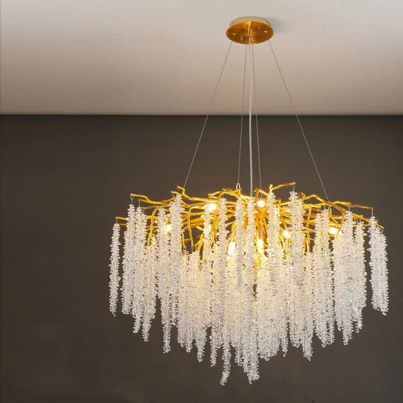 Modern crystal chandelier with aluminium alloy frame and adjustable drop, shown in long and round styles.